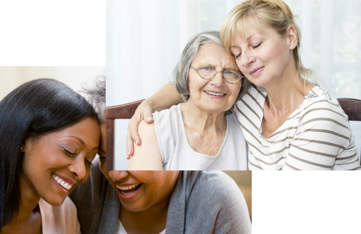 Caregiver affectionately hugging an elderly lady and Caregiver and elderly lady reliving happy memories